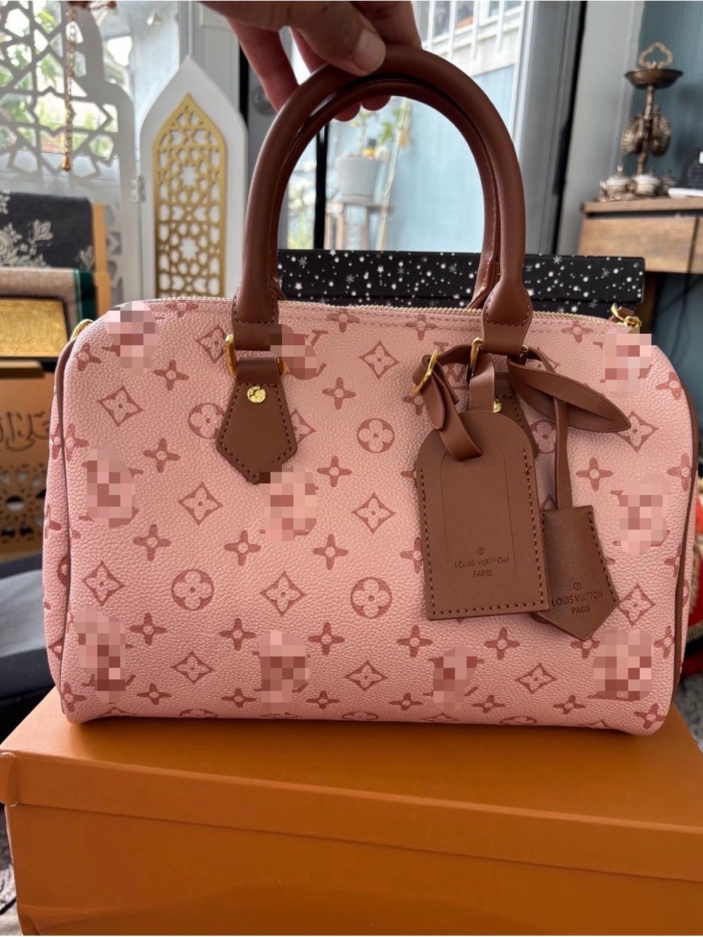 Pink Monogram Satchel with Brown Trim